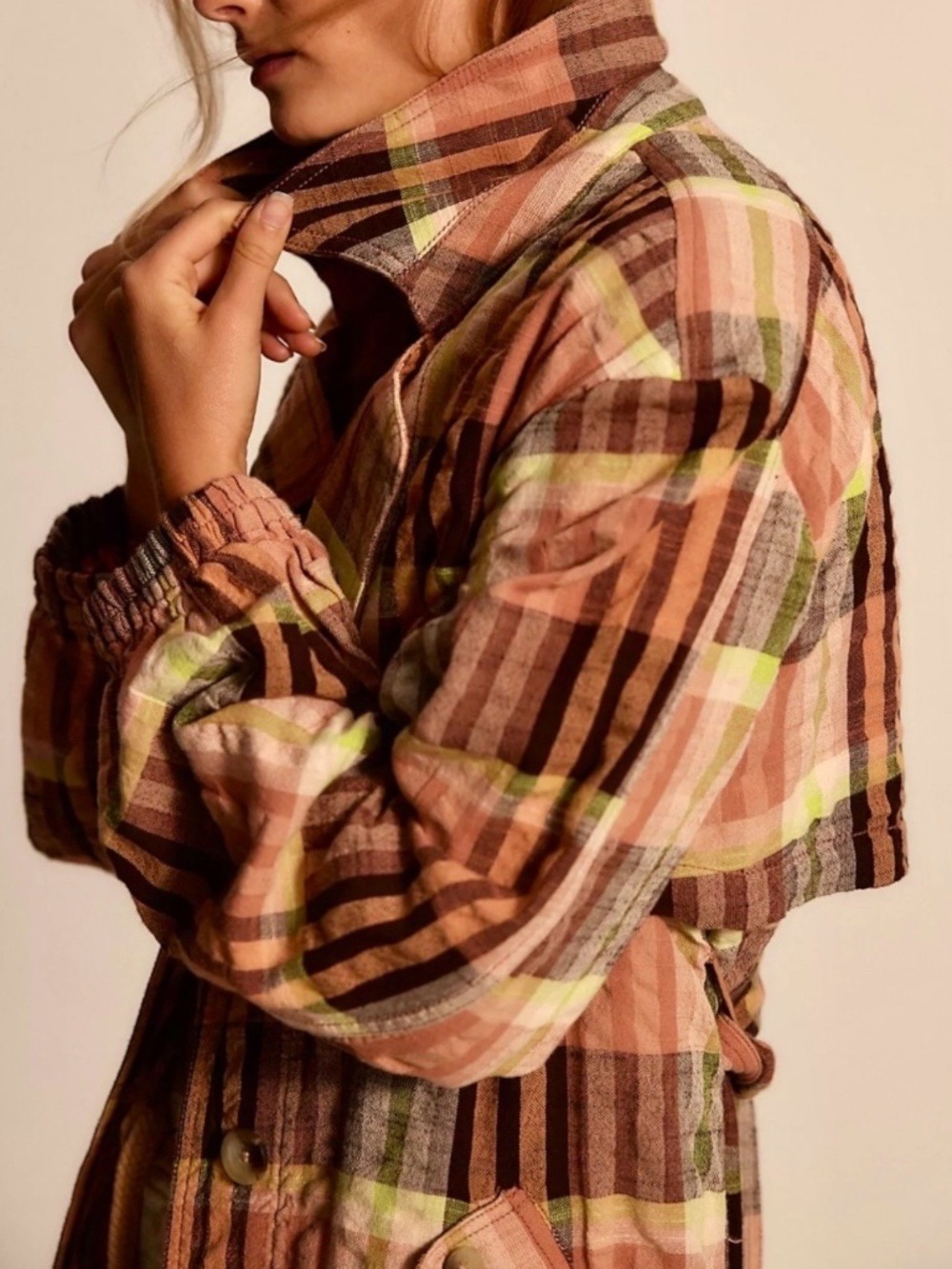 FREE PEOPLE Plaid Bliss 100% Cotton Lightweight Oversized Colorful Maxi Trench - Picture 3 of 12